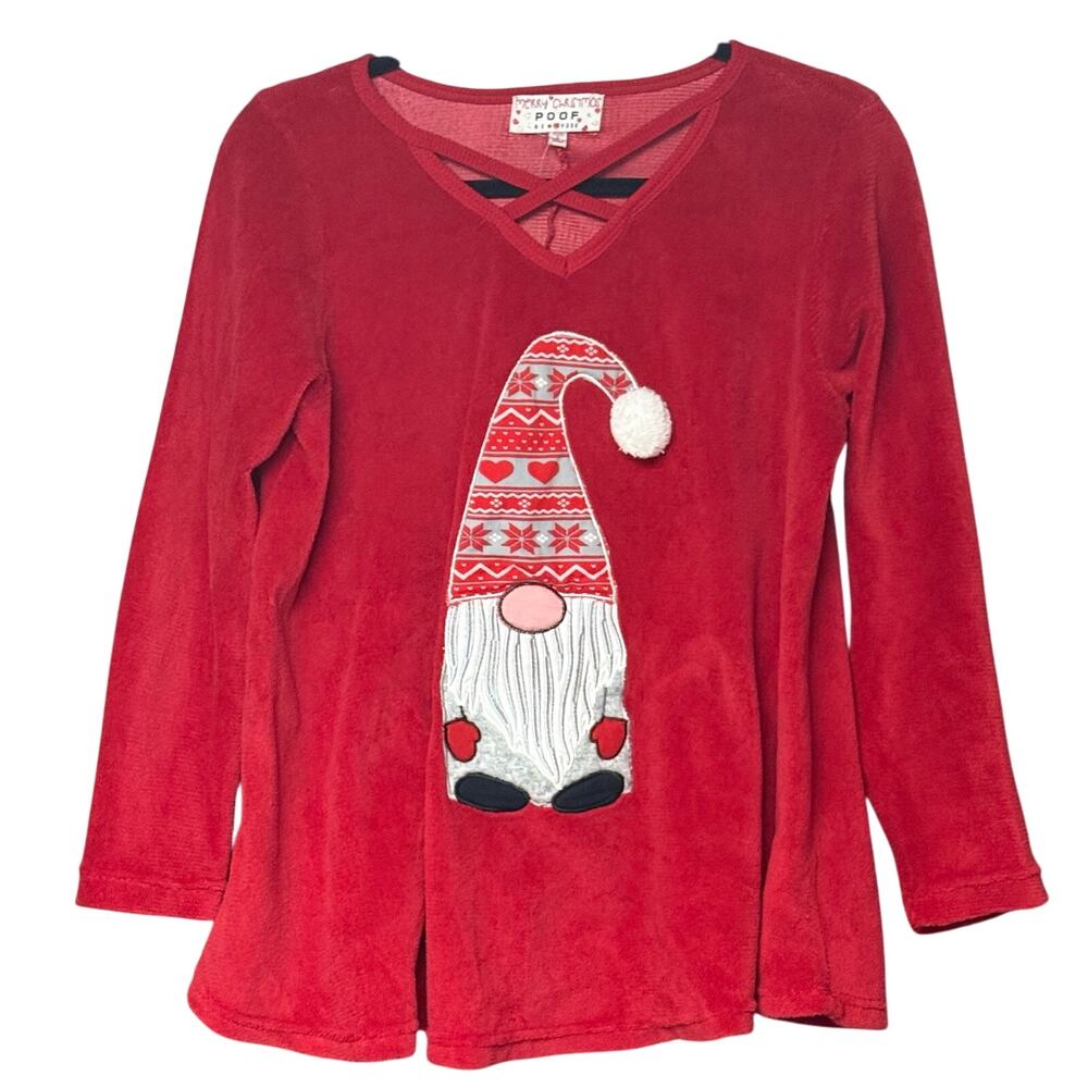 POOF New York red velour gnome Santa Christmas top soft holiday size small